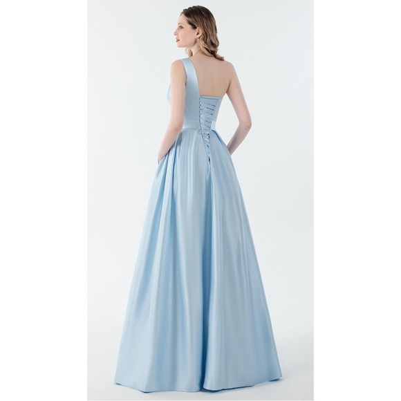 Women's One Shoulder High Slit Satin Corset Formal Gowns Evening Dress - Picture 2 of 5